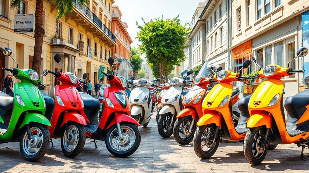 Row of rental scooters and mopeds ready to rent